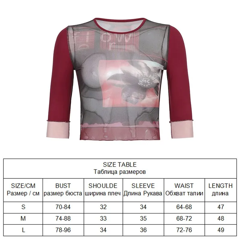 Wenkouban Print Mesh Crop Top Summer Woman Half Sleeve Tie Dye Pink Tshirts Streetwear Sexy Round Neck Slim See Through Graphic Tees
