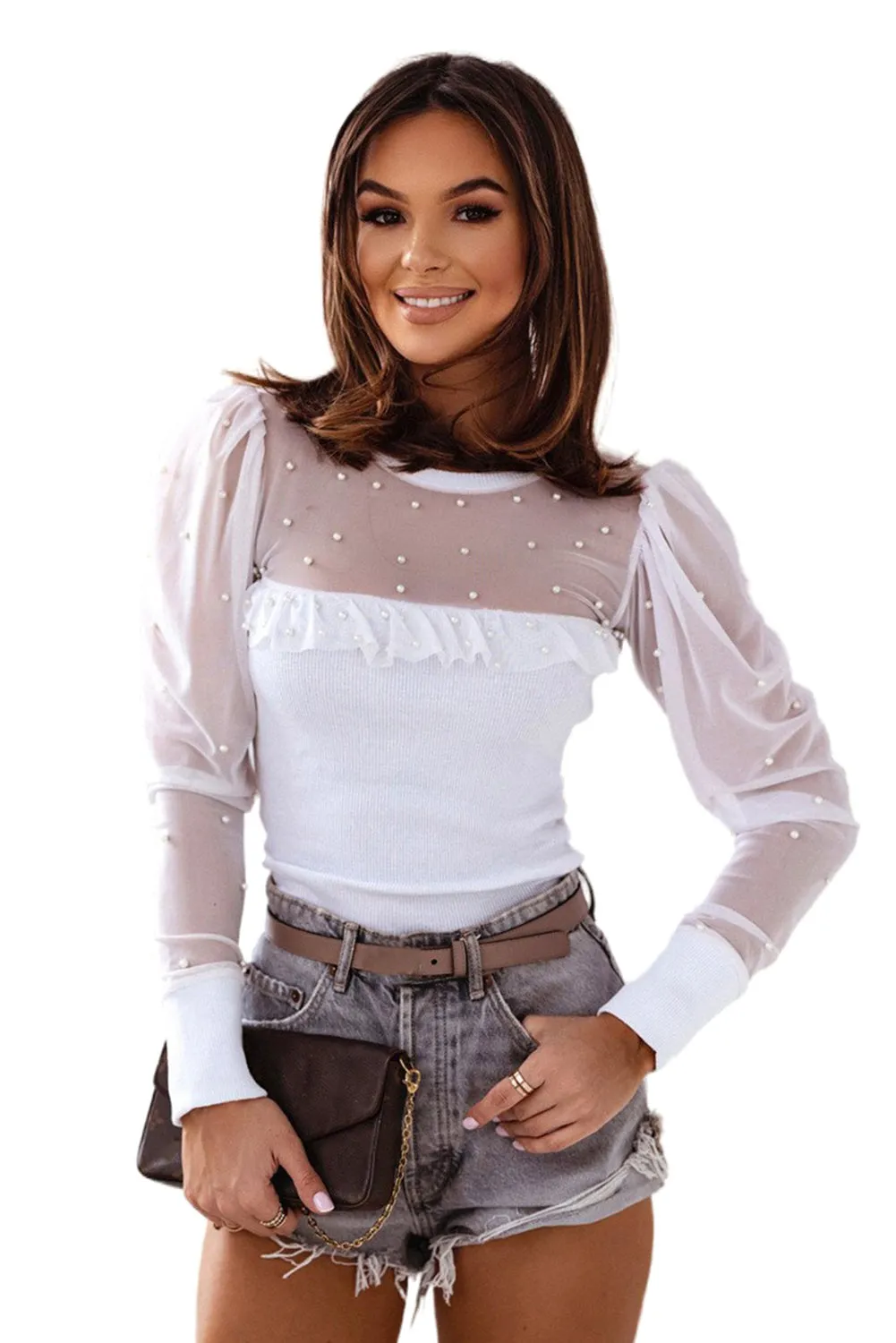 White Pearl Decor Mesh Patchwork Ribbed Long Sleeve Top