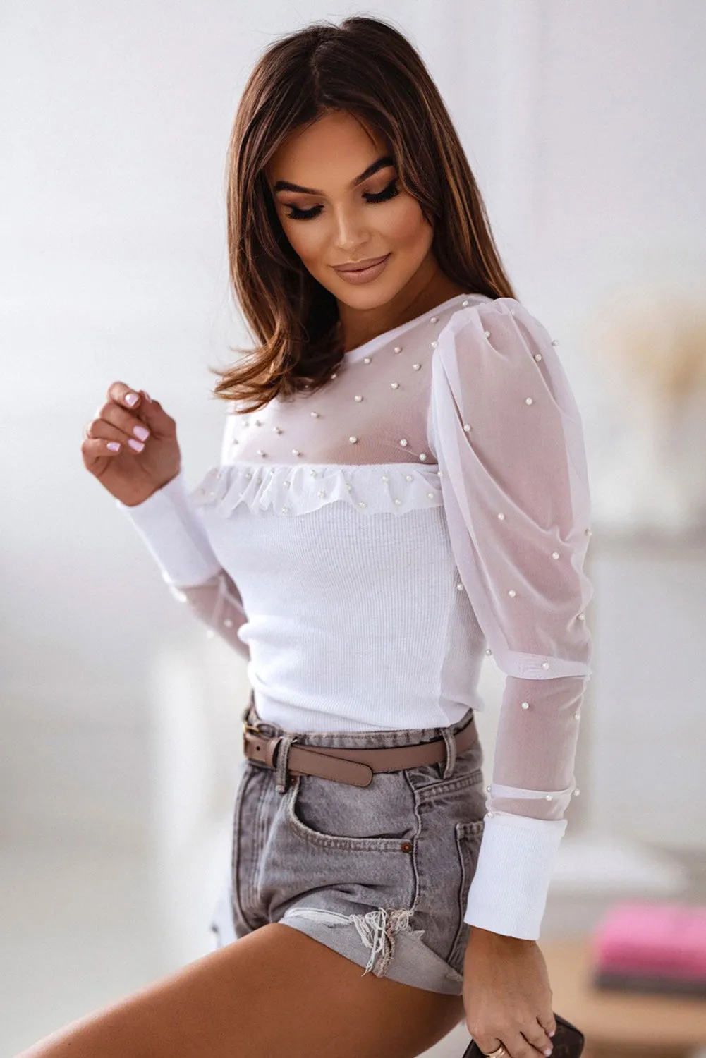 White Pearl Decor Mesh Patchwork Ribbed Long Sleeve Top