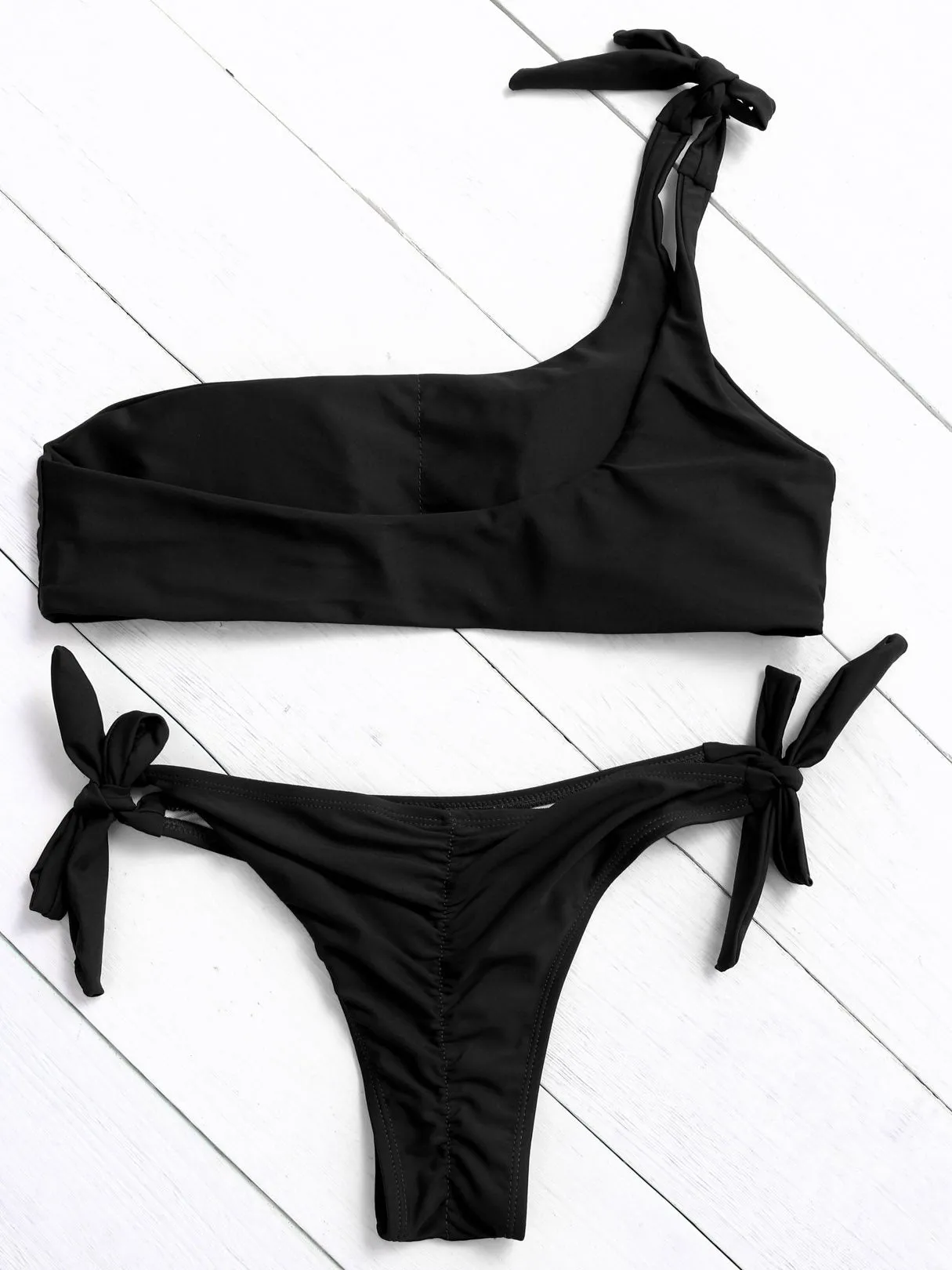 Wholesale Black Asymmetrical Sleeveless Tie-Up Bikini Suits