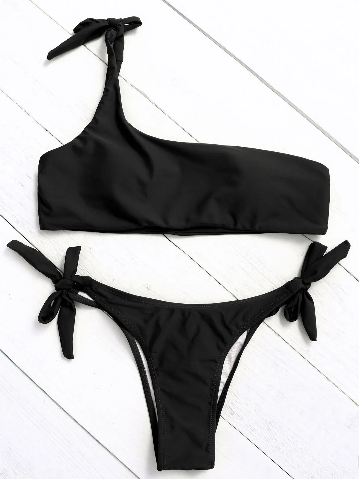 Wholesale Black Asymmetrical Sleeveless Tie-Up Bikini Suits