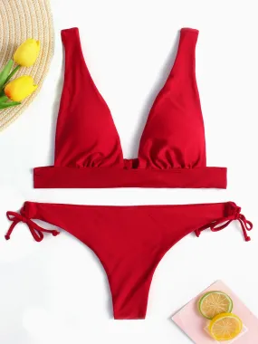 Wholesale Burgundy V-Neck Sleeveless Plain Lace-Up High-Waisted 2 Piece Bikinis