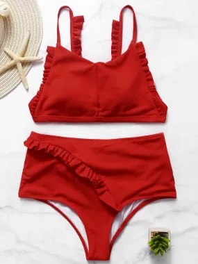 Wholesale Red Scoop Neck Sleeveless Plain Self-Tie Tie-Up Flounced Hem High Waist 2 Piece Bikinis