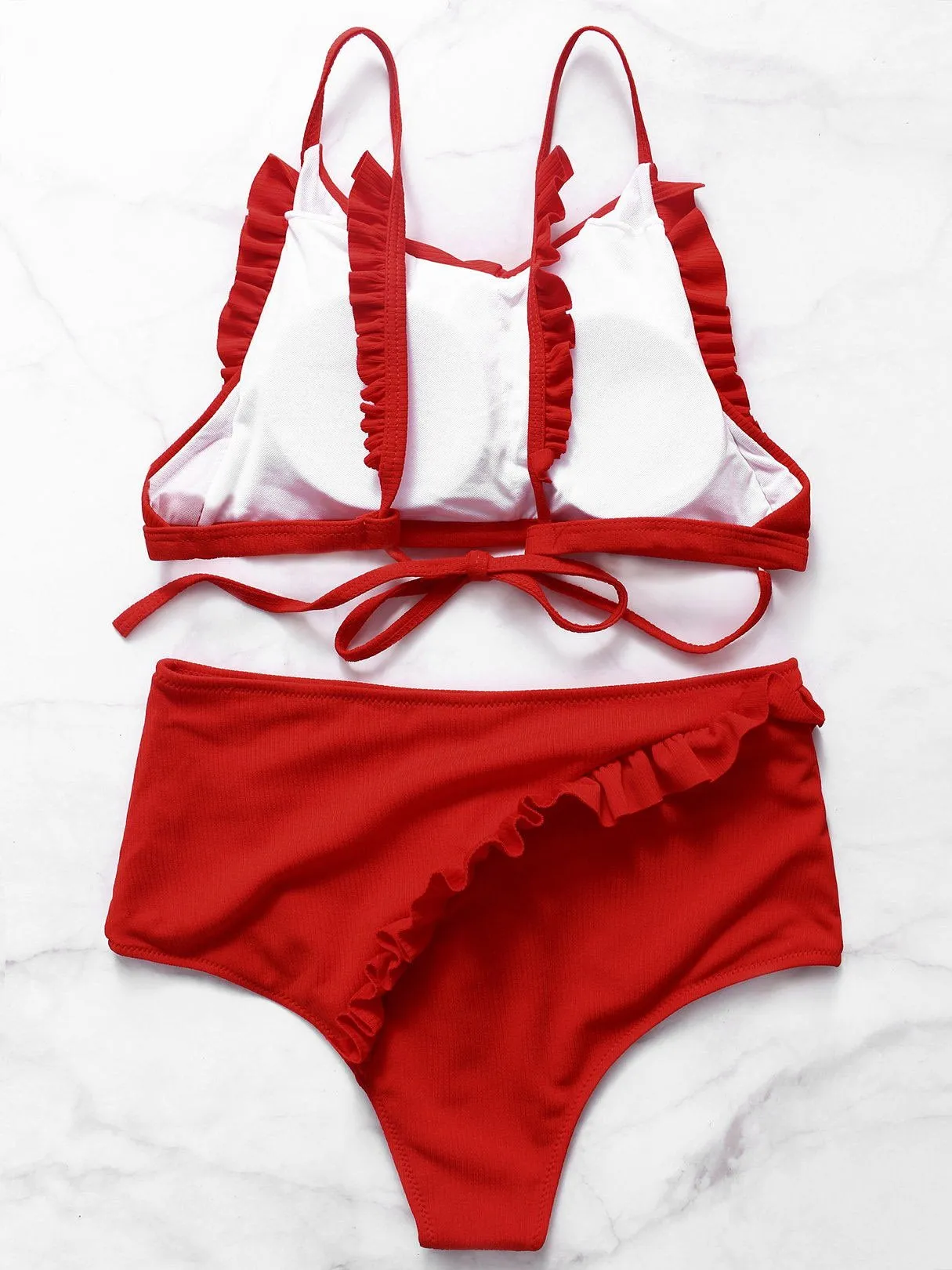 Wholesale Red Scoop Neck Sleeveless Plain Self-Tie Tie-Up Flounced Hem High Waist 2 Piece Bikinis