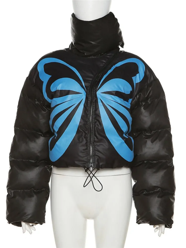Winter Butterfly Puff Cotton-Padded Jacket Coats for Women Fashion Drawstring Turtleneck Warm Short Parkas Coats Female Outwear
