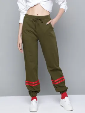Women Olive Contrast Hem Tape Joggers