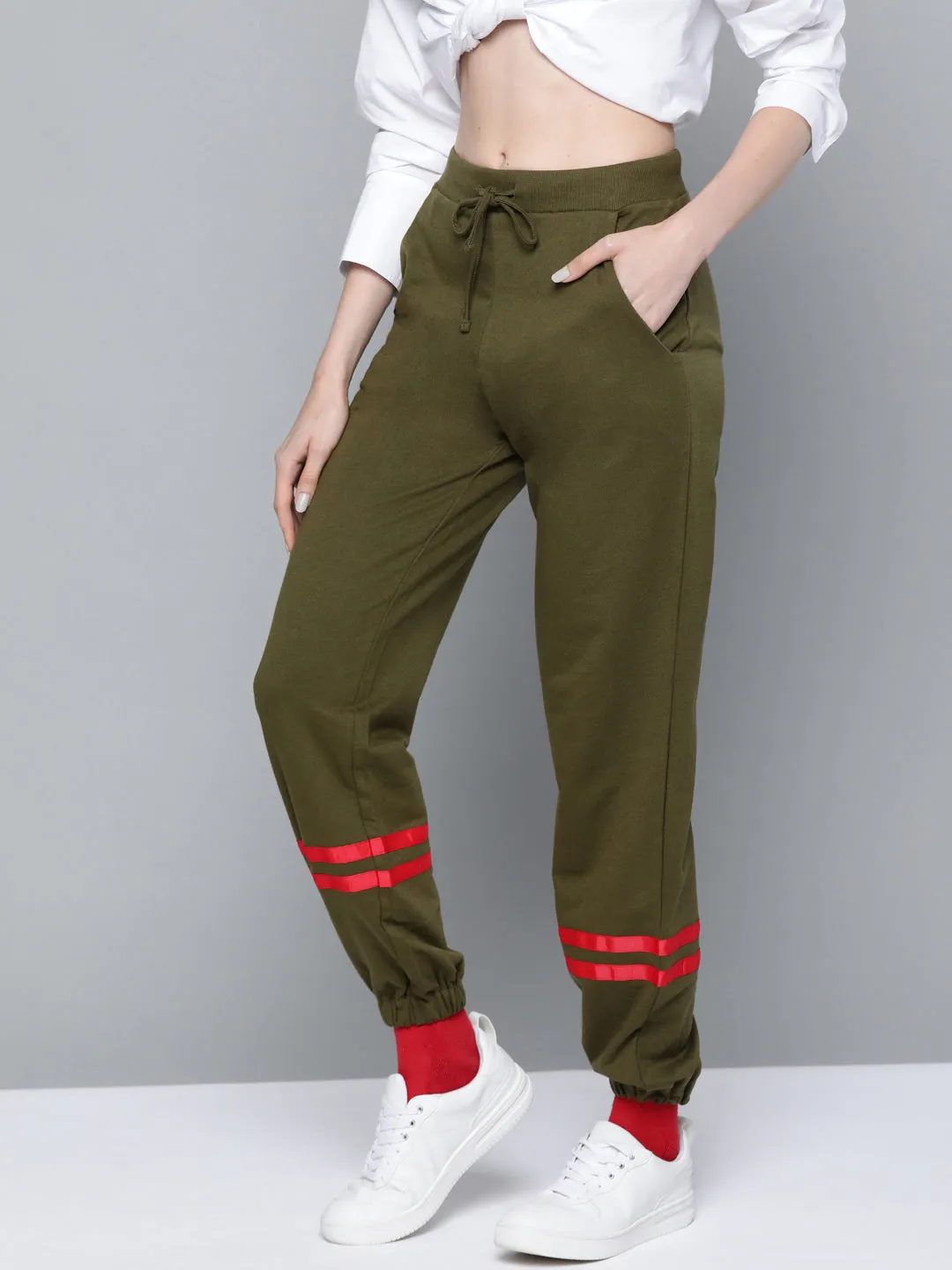 Women Olive Contrast Hem Tape Joggers