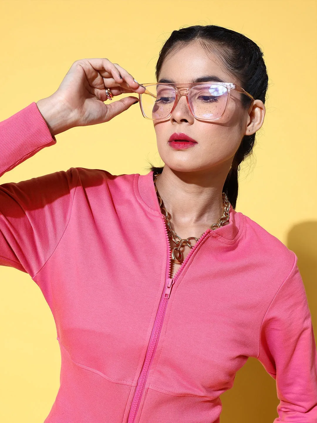 Women Pink Sassafras Studded Crop Jacket with Joggers