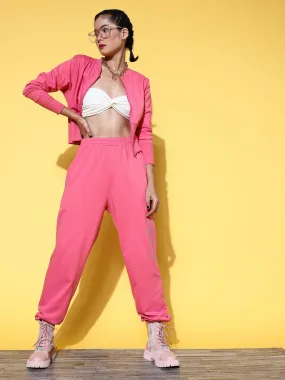 Women Pink Sassafras Studded Crop Jacket with Joggers