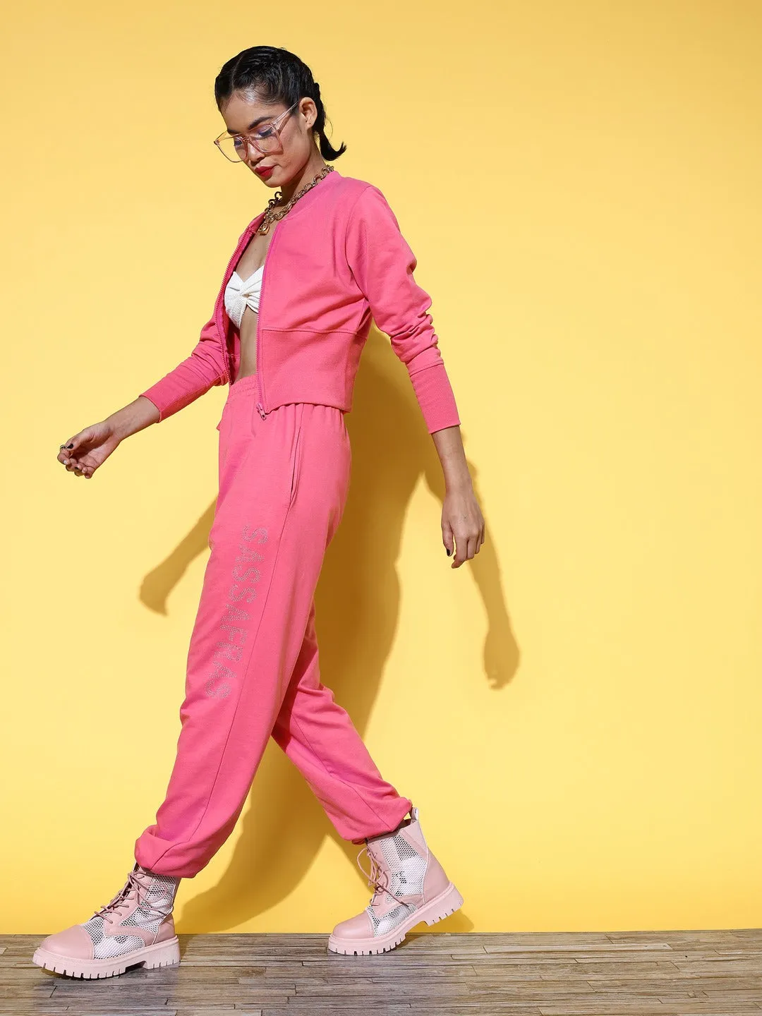 Women Pink Sassafras Studded Crop Jacket with Joggers