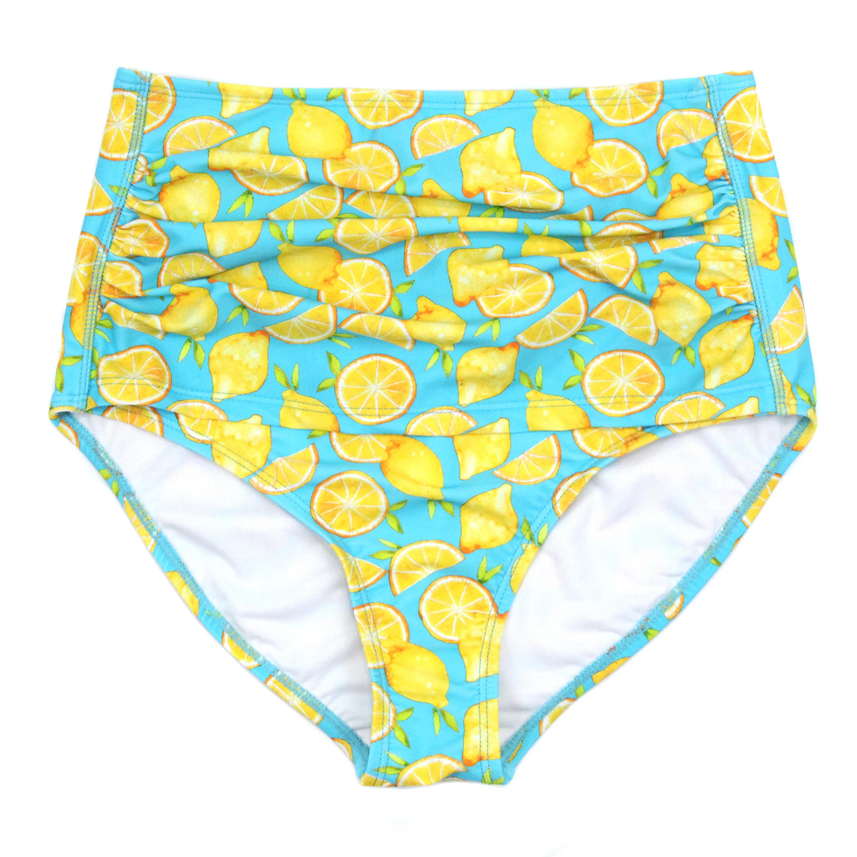 Women's High Waist Bikini Bottoms Ruched | "Lemons"