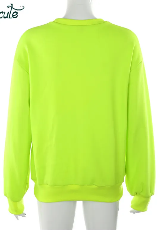 Women's Hoodies Neon Green Casual Lose Weight Hoody Top Sudadera Mujer Kpop O-Neck Autumn Female Gothic Sweatshirt