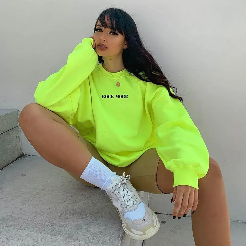 Women's Hoodies Neon Green Casual Lose Weight Hoody Top Sudadera Mujer Kpop O-Neck Autumn Female Gothic Sweatshirt