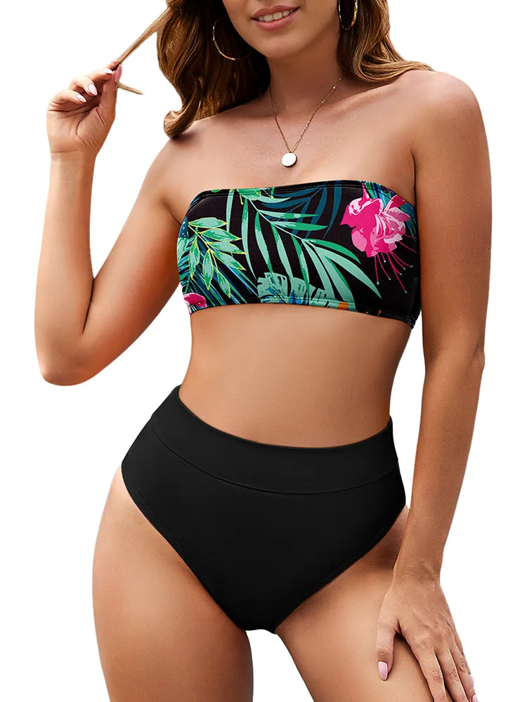 Women's Leopard Print Strapless Swimsuits High Waisted High Cut Bathing Suit