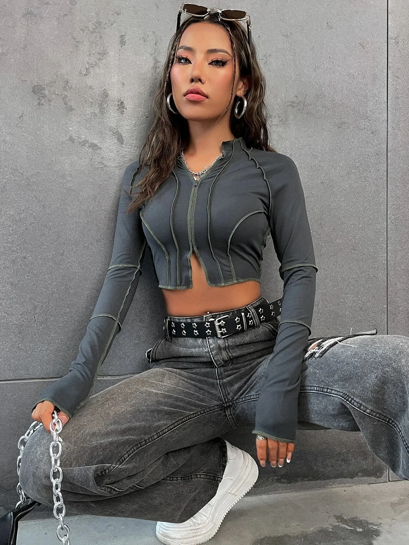 Women's Sexy Top-Stitching Raglan Sleeve Zipper Crop Tee