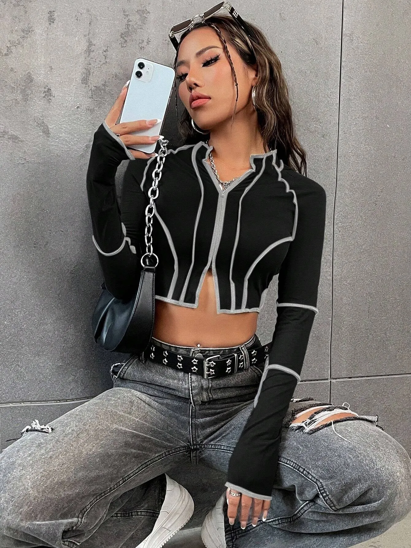 Women's Sexy Top-Stitching Raglan Sleeve Zipper Crop Tee