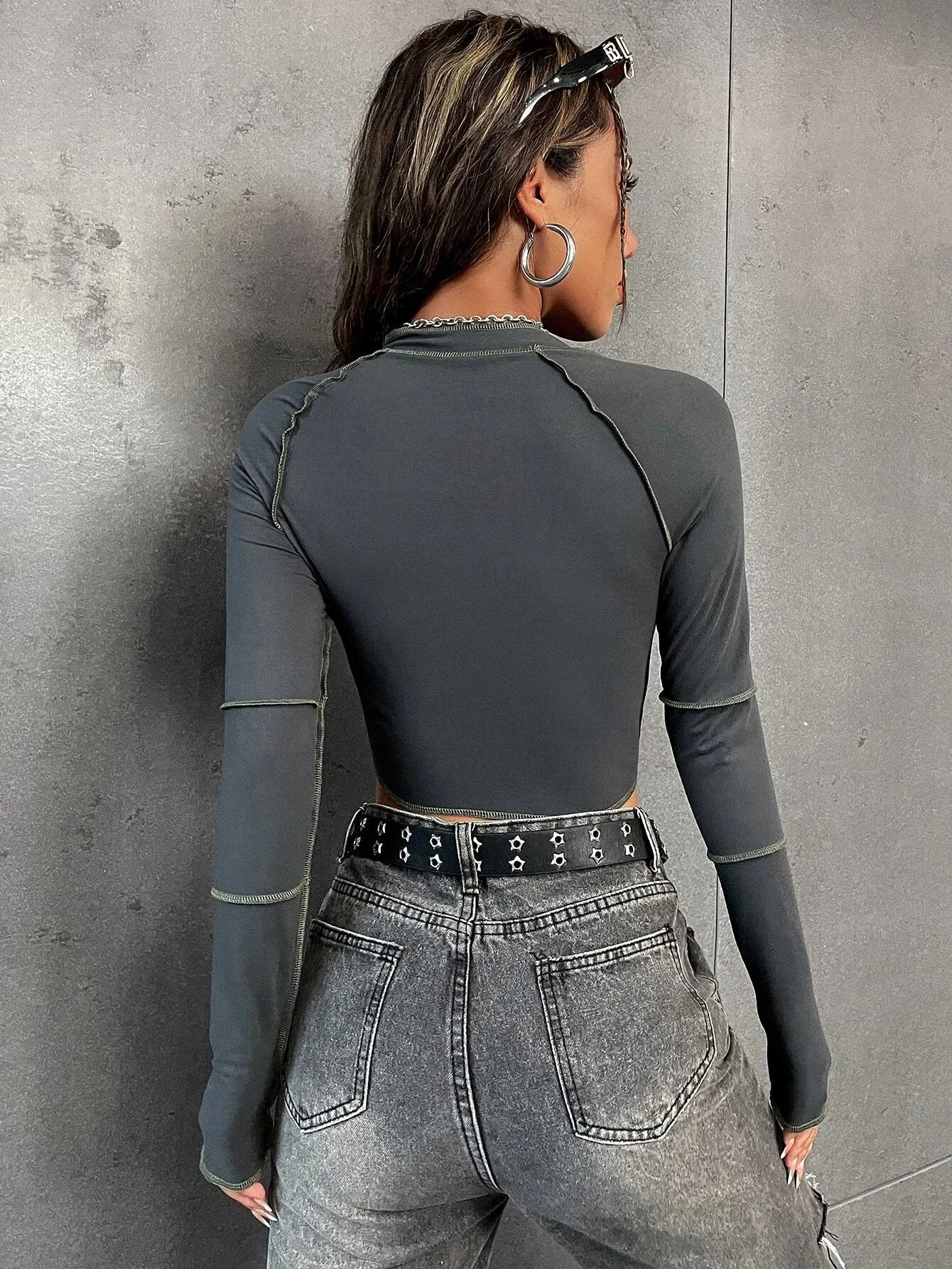 Women's Sexy Top-Stitching Raglan Sleeve Zipper Crop Tee