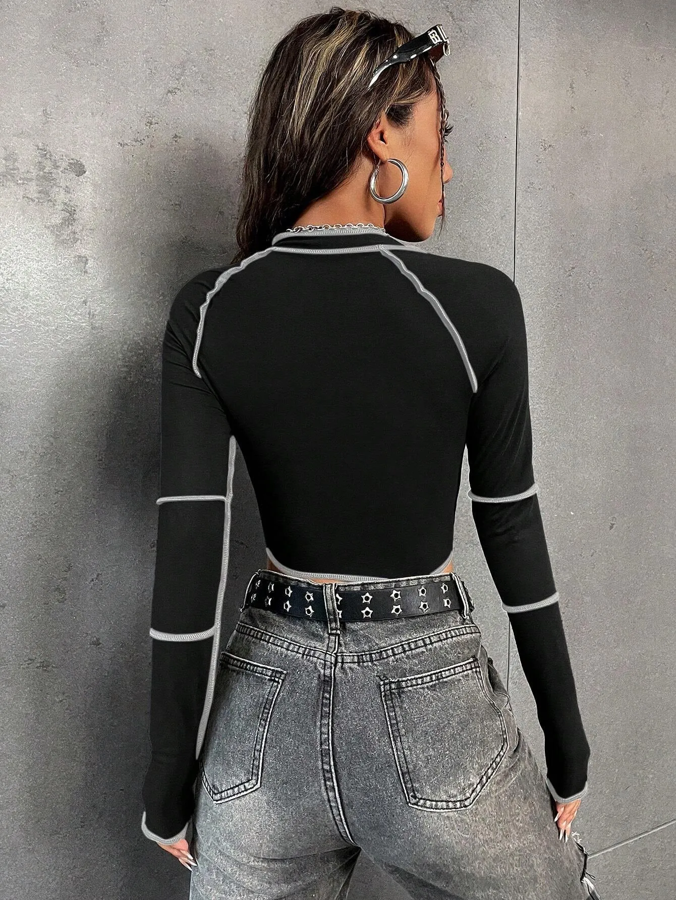 Women's Sexy Top-Stitching Raglan Sleeve Zipper Crop Tee