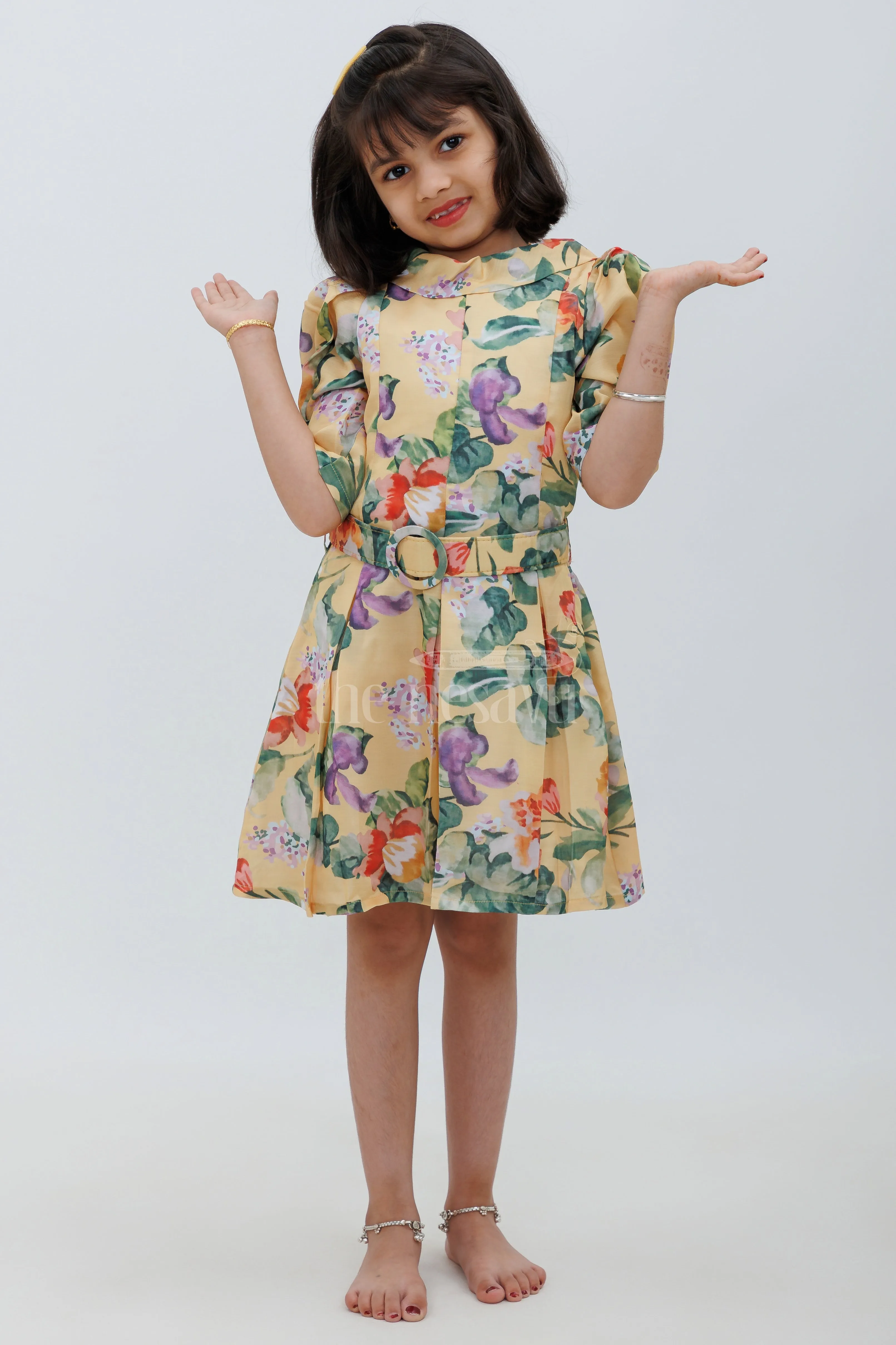 Yellow Chanderi Cotton Floral Frock for Girls