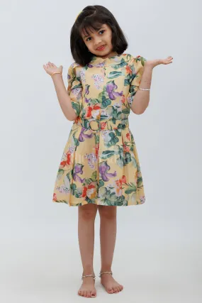 Yellow Chanderi Cotton Floral Frock for Girls