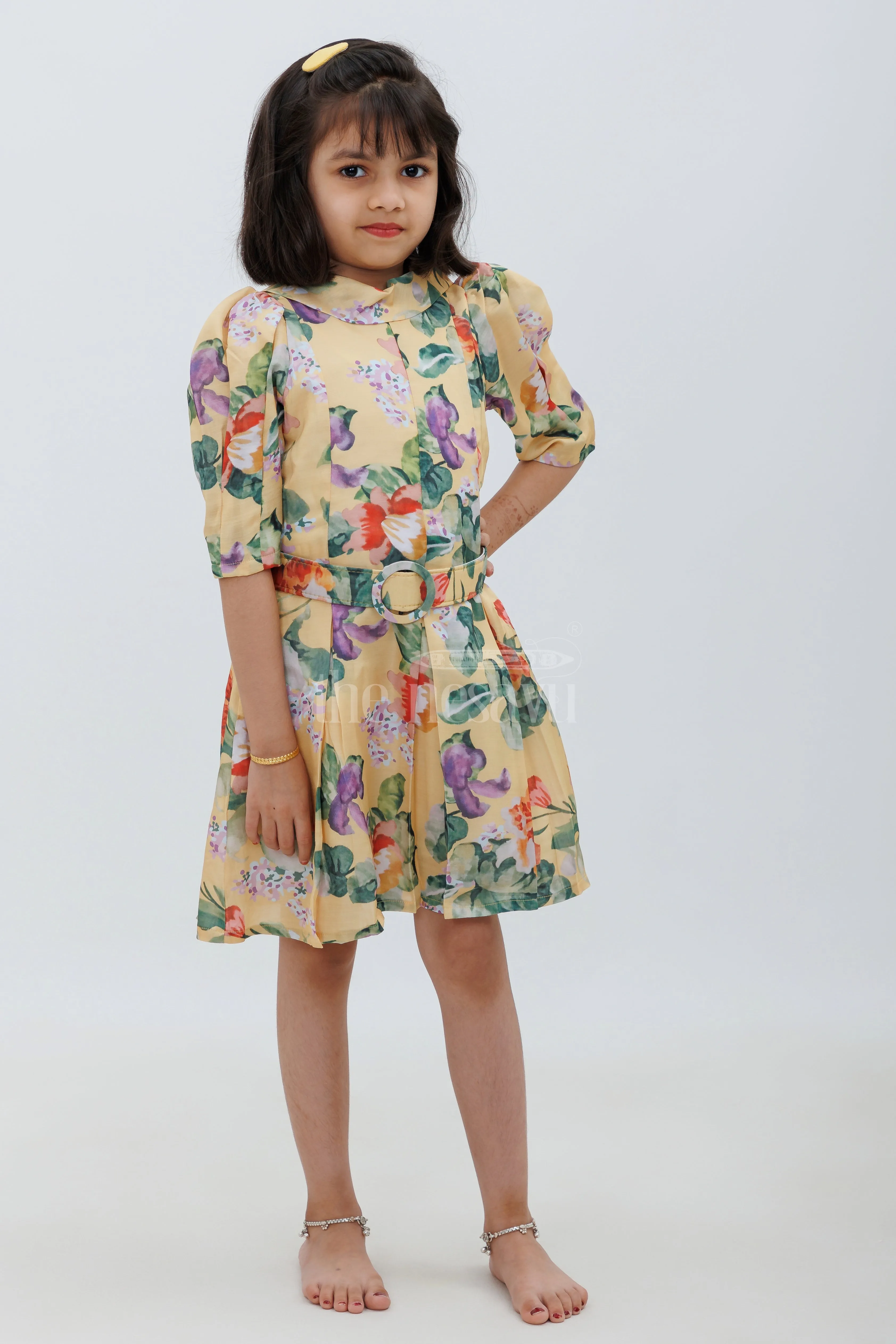 Yellow Chanderi Cotton Floral Frock for Girls