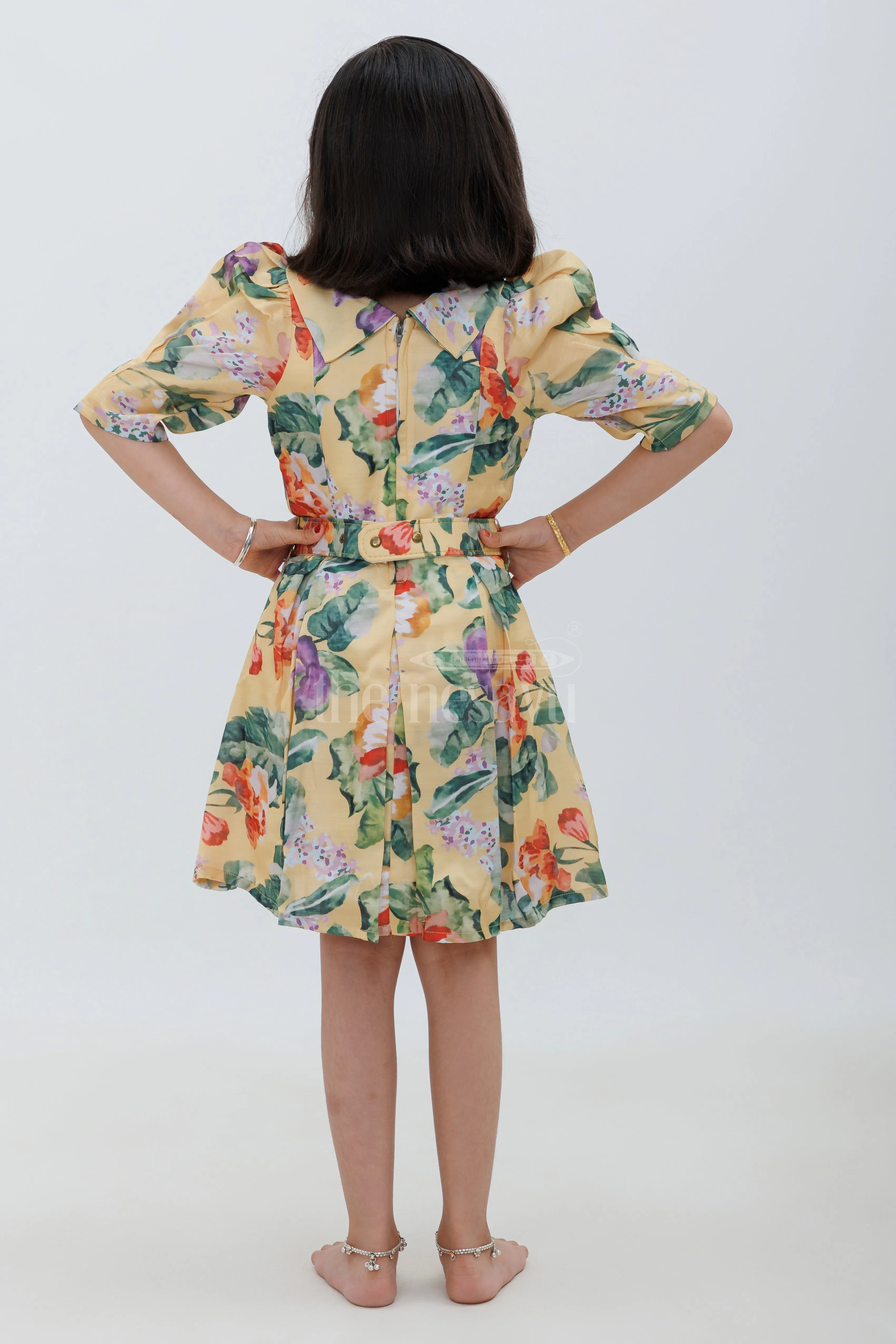 Yellow Chanderi Cotton Floral Frock for Girls